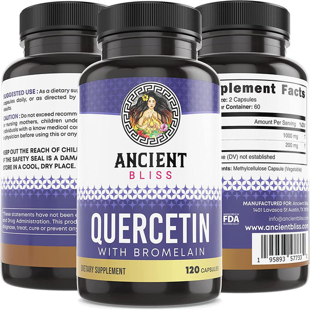 Ancient Bliss Quercetin Bromelain, Quercetin 1000Mg , Supports Immune System, Joint Health, Respiratory Health & Overall Well-Being – 120 Capsules