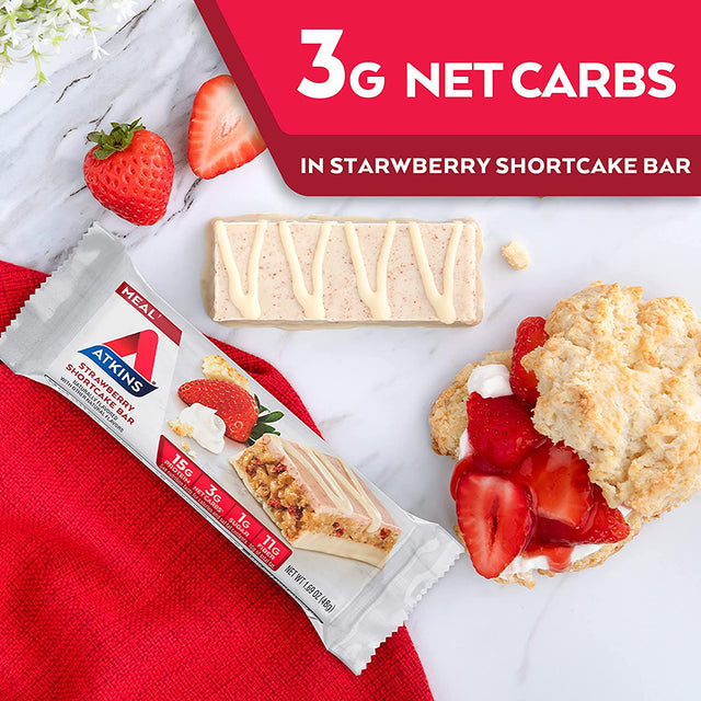 Atkins Strawberry Shortcake Protein Meal Bar, High Fiber, 1G Sugar, 3G Net Carb Meal Replacement, Keto Friendly, 30 Count