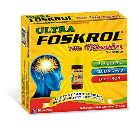 Ultra Foskrol Dietary Supplement - Dietary Supplement with Vitamin B Complex, Iron and Glutamic Acid - Nervous System Health Supplement - Vitamin B Complex Stress Formula - 10 Drinkable Vials