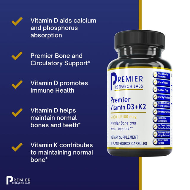 Premier Research Labs Vitamin D3+K2 - Supports Bone & Heart Health - Vegan, Gluten-Free - 30 Plant-Source Capsules