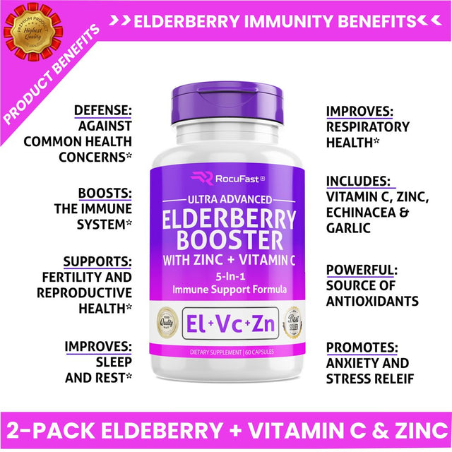 Elderberry Capsule Pills for Immune Support Organic W/ Zinc Vitamin C Echinacea Extract & Garlic Infused Sambucus Supplement for Kids, Adults, Toddlers, and Elderly