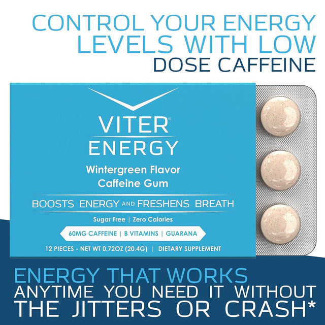 Viter Energy Caffeinated Gum 60Mg Caffeine, B Vitamins, Guarana, Sugar Free. (Wintergreen, 12Pcs, 6 Pack)