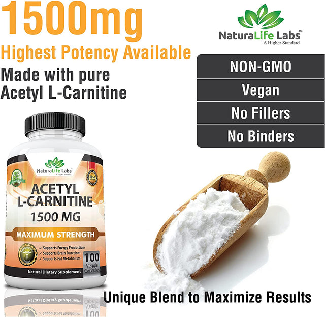 Acetyl L-Carnitine 1,500 Mg High Potency Supports Natural Energy Production, Sports Nutrition, Supports Memory/Focus - 100 Veggie Capsules