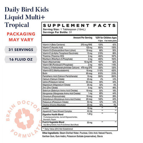 Daily Bird Multi+ for Kids, Liquid Multivitamin, Methylfolate (Folic Acid), Methylcobalamin, Natural Whole Food Blend, Prebiotics, Immune Support Vitamins, Non-Gmo, Gluten Free, Tropical, 16 Oz