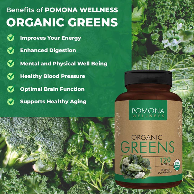 Pomona Wellness Super Greens Supplement, Full of Superfood Vitamins & Minerals, Fruits & Vegetable, Greens Powder for Bloating and Digestion, Gut Health, USDA Organic, Non-Gmo, 120 Tablets 120 Count(Pack of 1)