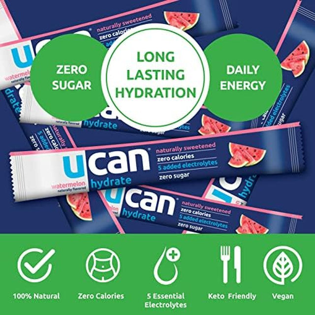 UCAN Hydrate Packets, Watermelon, 12 Count (1.27 Ounce), Keto, Sugar-Free Electrolyte Replacement for Men & Women, Non-Gmo, Vegan, Gluten-Free, Great for Runners, Gym-Goers, High Performance Athletes