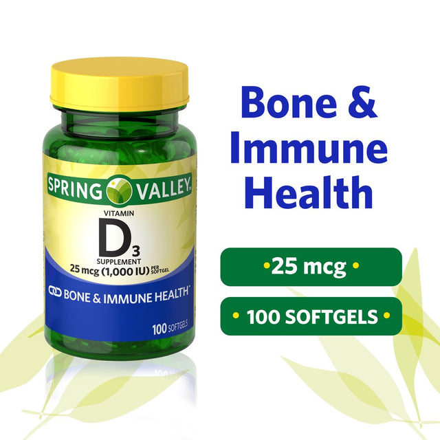 Spring Valley Vitamin D3 Bone & Immune Health Dietary Supplement Softgels, 25 Mcg (1,000 IU), 100 Count