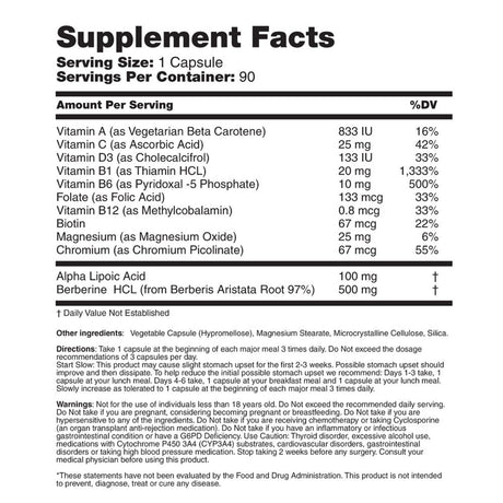 Glysema - Blood Sugar Support, Multiplex Formula with Berberine, Alpha Lipoic Acid, Chromium, Biotin, Thiamine, Vitamin A, C, D3, B6, B12, & Folate