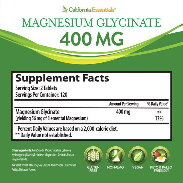 California Essentials Magnesium Glycinate 400 Mg Dietary Supplements , Vegan, (240 Tablets)