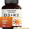 Naturebell Vitamin D3+K2, 5000 Iu+100Mcg K2, 240 Softgels, 2 in 1 Formula with Coconut Oil