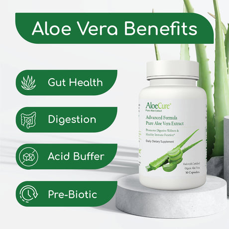 Aloecure Organic Aloe Vera Capsules, 130,000Mg Equivalent per Capsule, Trial Size (30 Capsules), Natural Stomach Acid Buffer, Vegan Digestive & Immune Supplement, Grown on Organic Farms - Aloin Free