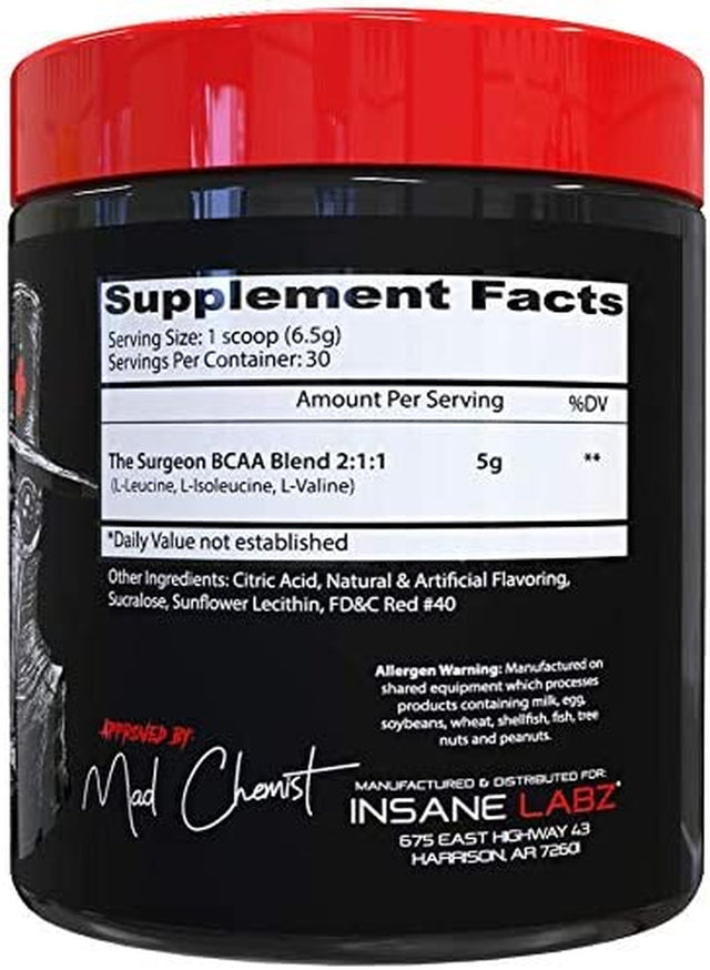 Insane Labz the Surgeon BCAA Recovery Powder - Branched Chain Amino Acid Post Workout Drink for Muscle Recovery - 30 Srvgs, Fruit Punch