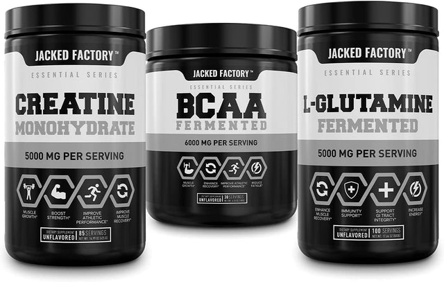 Jacked Factory Creatine Monohydrate 85Sv, BCAA Powder 30Sv, L-Glutamine Powder 100Sv - Unflavored