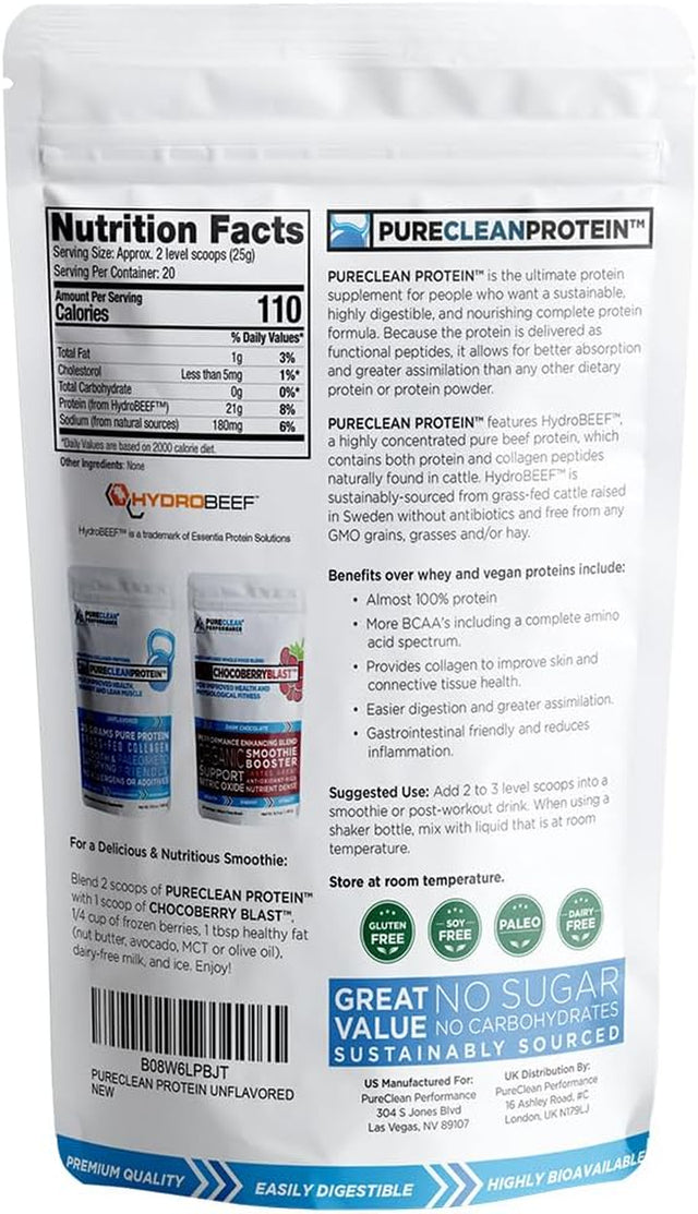 Pureclean Protein Bone Broth Protein Powder - Hydrobeef Beef Protein Powder W/Collagen Peptides - Rich in Eaas Bcaas - Makes Great Snacks & Smoothies - Pure Paleo Post Workout (2 Bags Unflavored)