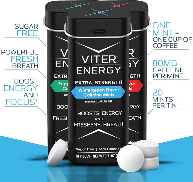 Viter Energy Original Caffeine Mints, Extra Strength Caffeine Mints and Caffeine Gum Variety Packs Bundle - Caffeine, B Vitamins, Sugar Free, Vegan, Powerful Energy Booster for Focus and Alertness