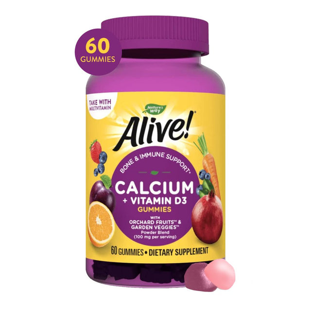 Nature'S Way Alive! Premium Calcium + D3 Gummies, Supports Healthy Bones & Muscles*, Strawberry and Raspberry Lemonade Flavored, 60 Gummies