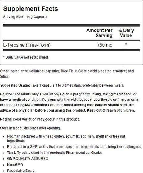 NOW Supplements, L-Tyrosine 750 Mg, Supports Mental Alertness*, 90 Veg Capsules