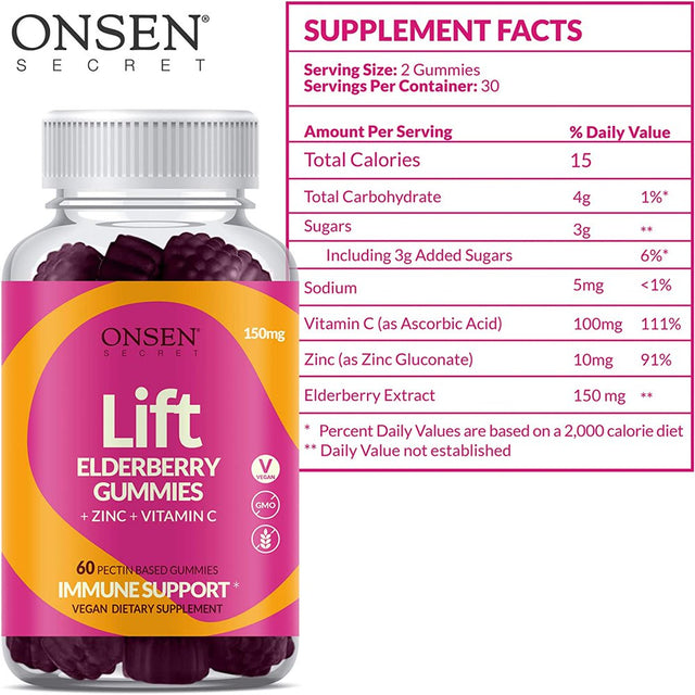 Onsen Lift Elderberry Gummies 150Mg - Complete Elderberry Immune Support with Vitamin C & Zinc, Daily Immunity Boost with Antioxidants, Plant-Based No Gelatin for Easier Absorption, 60 Gummies