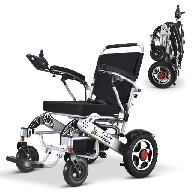 Culver Mobility - WILDCAT - Foldable Ultra Lightweight Heavy Duty Airline Approved Electric Wheelchair 330 Lbs. Max Load-500W-13 Miles - SILVER