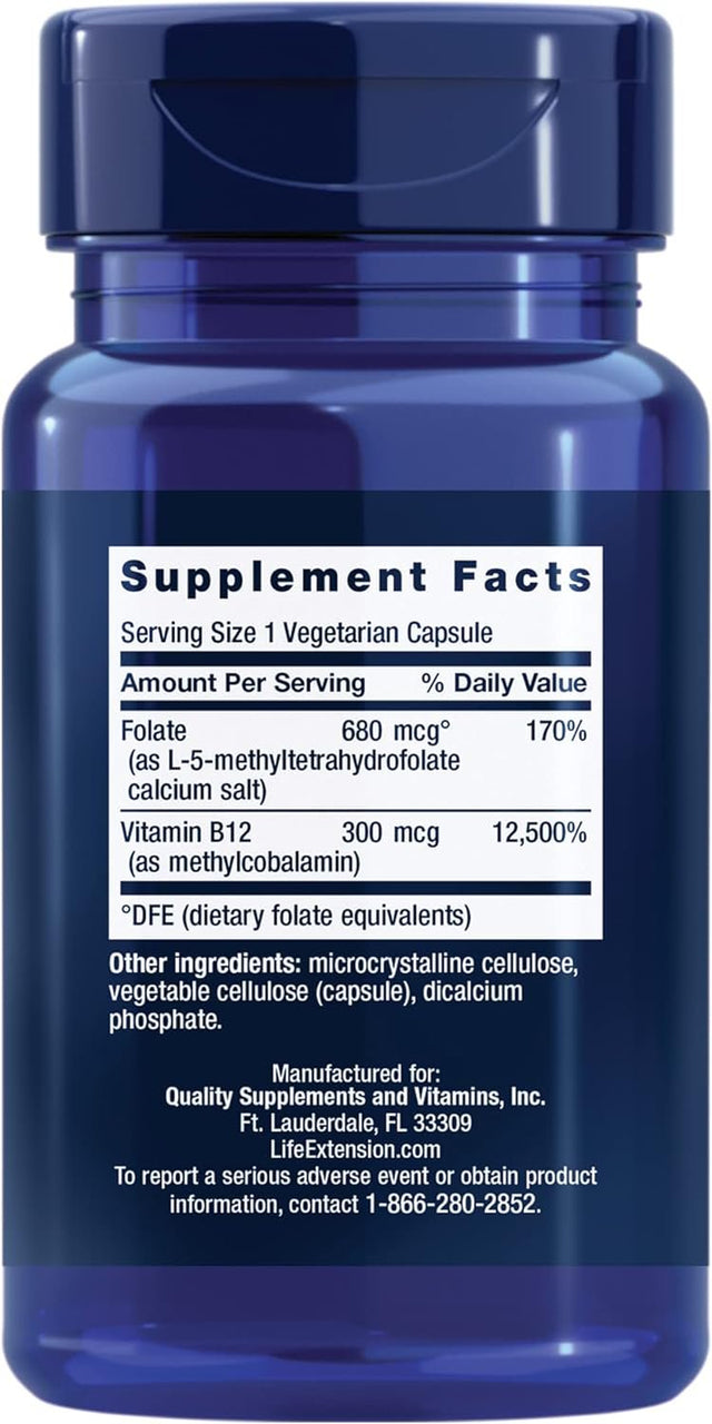 Life Extension Bioactive Folate & Vitamin B12 - Promotes Heart, Brain & GI Tract Health - Gluten-Free, Non-Gmo - 90 Vegetarian Capsules (3-Month Supply)