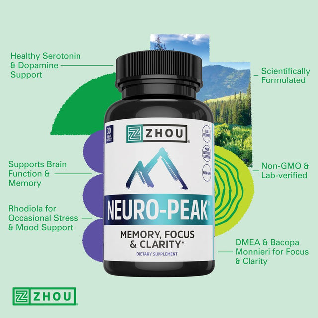 Zhou Neuro Peak Brain Support Supplement | Memory, Focus & Clarity Formula | DMAE, Rhodiola Rosea, Bacopa Monnieri, Ginkgo Biloba & More | 30 Vegcaps