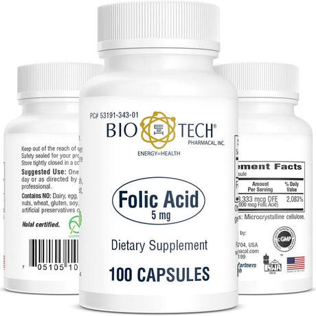 Bio-Tech Pharmacal Folic Acid (5 Mg), 100 Capsules – All-Natural Supplement – Supports Cardiovascular, Nervous System, & Prenatal Health – No Dairy, Fish, Gluten, Peanut, Shellfish, Gmos, Halal, & Soy