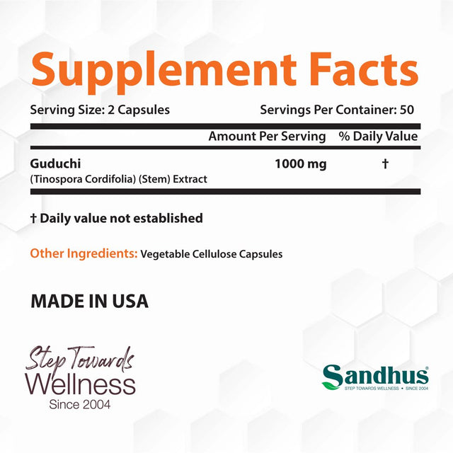 Sandhu'S Guduchi 1000Mg, Herbal Supplement for Immune & Liver Health, Offers 100 Veggie Capsules