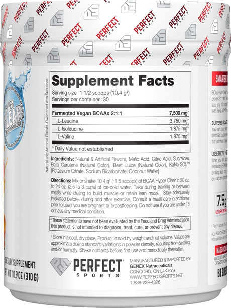 PERFECT SPORTS, BCAA Hyper Clear, 7.5G Vegan Bcaas 310G Intense Peach Rings