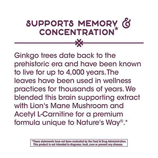 Nature'S Way Premium Blend Cognitive Focus with Gingko, Lion'S Mane & Acetyl L-Carnitine, Supports Memory and Concentration*, 30 Capsules