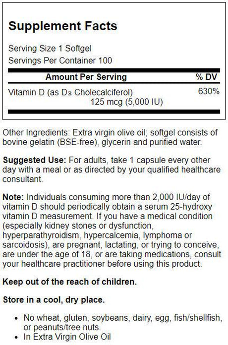 Jarrow Formulas - Cholecalciferol Vitamin D3 5000 IU - 100 Softgels