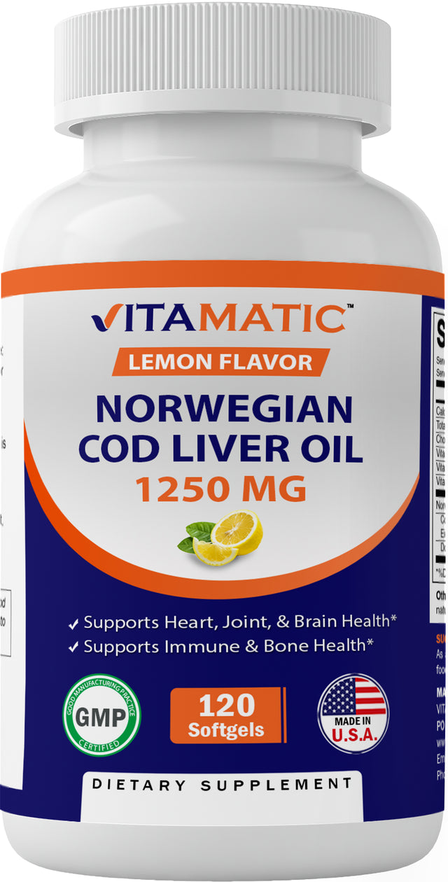 2 Pack - Vitamatic Norwegian Cod Liver Oil 1250Mg 120 Softgels (Lemon Flavor) - Promotes Cardiovascular Health Total 240 Softgels