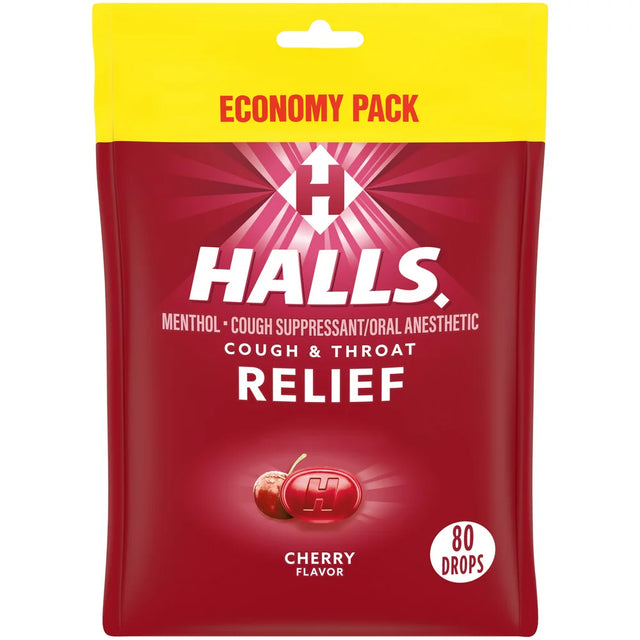 HALLS Relief Cherry Cough Drops, Economy Pack, 80 Drops ( 2 PACK )