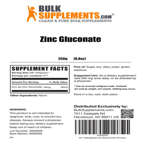 Bulksupplements.Com Zinc Gluconate Powder - Zinc Supplement - Vegan Zinc - Zinc Powder - Zinc Supplement for Adults - Pure Zinc (250 Grams - 8.8 Oz)