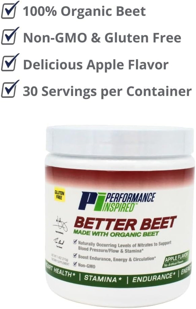 PERFORMANCE INSPIRED Nutrition Better Beet Powder - 100% Organic Beet – Boost Nitric Oxide – All-Natural Clean Energy - Boost Endurance – G-Free - Non-Gmo - Apple Flavor - 30 Servings