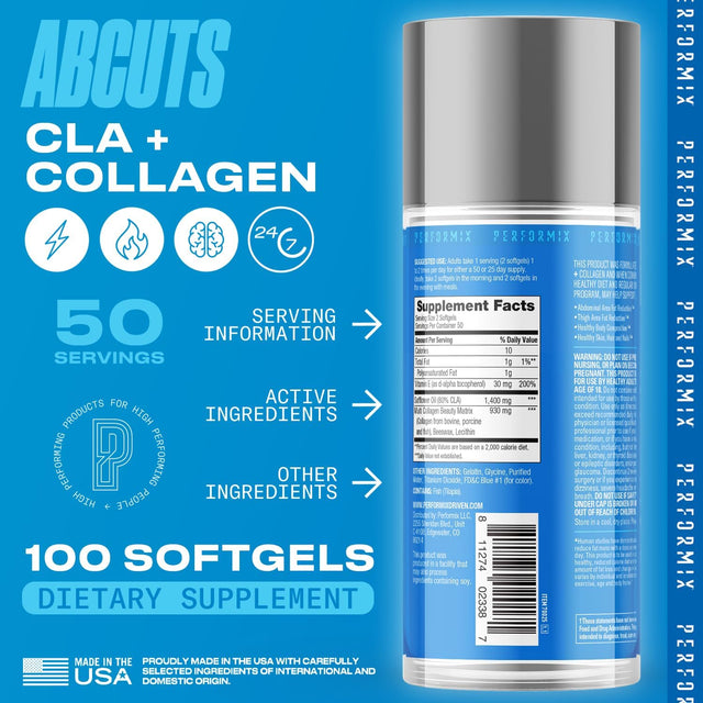 PERFORMIX - Abcuts CLA + Collagen - Fitness Goals - Improve Energy & Endurance - Build Muscle - Hair & Nail Growth - Skin Care - Wellness - Collagen Supplements for Women and Men - 100 Softgels