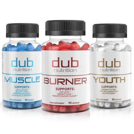 Most Advanced Formula: Burner, Muscle, Youth Combo by Dub Nutrition | All Natural Fat Burner, Muscle Recovery, Immune Boost Supplement | 90 Capsules per Bottle