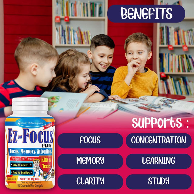 Ez Focus plus Brain Booster Kids Supplements, Support Kids Focus and Attention, Memory, Concentration, Clarity, Focus Supplement for Children and Teens, Brain Support Kids Memory Vitamins- 60 Ct