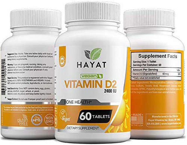 Hayat Vitamins Vegan Natural Vitamin D 2400 IU, D2, Certified Halal, 60 Tablets