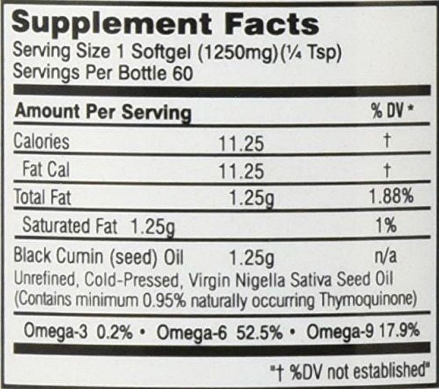 Amazing Herbs Premium Black Seed Oil Capsules - High Potency, Cold Pressed Nigella Sativa Aids in Digestive Health, Immune Support & Brain Function - 60 Count, 1250Mg