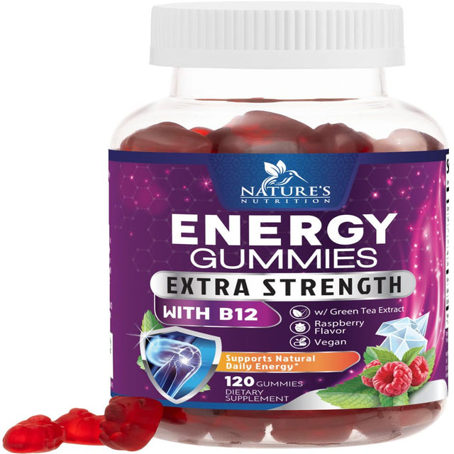 Energy Gummies Vitamin B12, Green Tea and Guarana Extract, Daily Energy Vitamin Supplement, Delicious Raspberry Flavor Gummy Chewable Supplement for Men and Women, Non-Gmo and Vegan - 120 Gummies