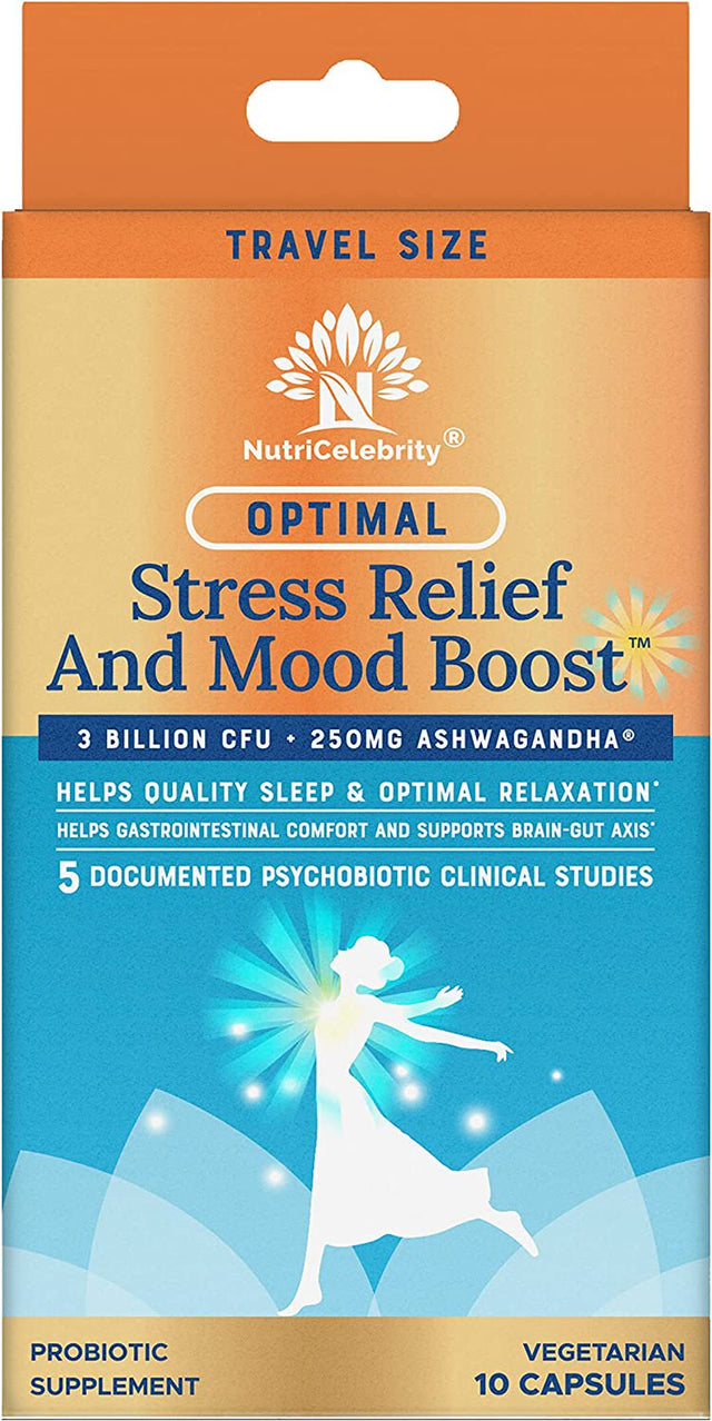 Nutricelebrity Optimal Stress Relief and Mood Boost Supplement Travel Size, Helps Support Restful Sleep, Relaxation, Comfort with Ashwagandha KSM-66 and Cerebiome Probiotic Blend 10 Vegetable Capsules