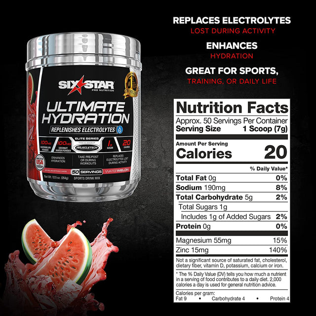 Electrolyte Powder Six Star Ultimate Hydration Powder Replenish Electrolytes Post Workout Recovery Drink Electrolyte Supplement Hydration Powder Sports Nutrition, Watermelon (50 Servings)