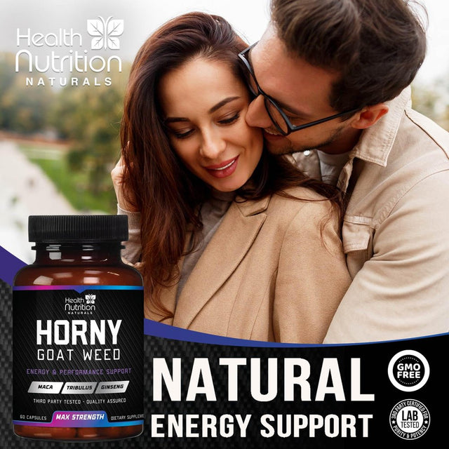 Extra Strength Horny Goat Extract for Men & Women - 1590Mg 3X Strength, Performance, Energy, Stamina with Maca, Saw Palmetto, Ginseng, L-Arginine & Tongkat Hornygoatweed Supplement - 60 Capsules