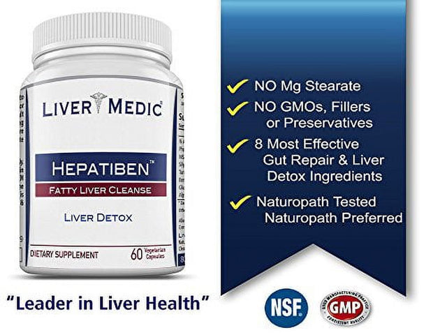 Liver Medic Hepatiben - Liver Detox 60 Capsules Cleanse Detoxifies and Regenerates with Additional Gut Repair Ingredients. Milk Thistle (Silymarin), Choline, Turmeric, ALA, Glutathione