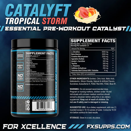 FX Supps Catalyft Pre-Workout Powder Drink for Men & Women, Tropical Storm | Mix with Creatine, Caffeine & Beta-Alanine | Best for Energy Pump, Muscle Gain and Focus, 20 Servings (1-Pack)