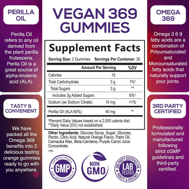 Omega 3 6 9 Vegan Gummies - Triple Strength Omega 3 Supplement Essential Oil Gummy - Omega 369 Heart Support and Brain Support for Women, Men & Pregnant Women, Non-Gmo, Orange Flavor - 60 Gummies