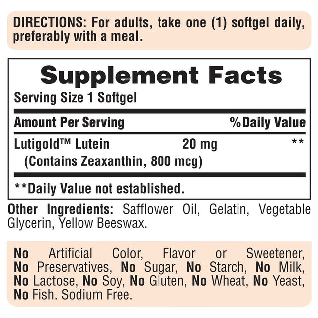 Puritans Pride Lutein 20 Mg with Zeaxanthin Softgels, 120 Count