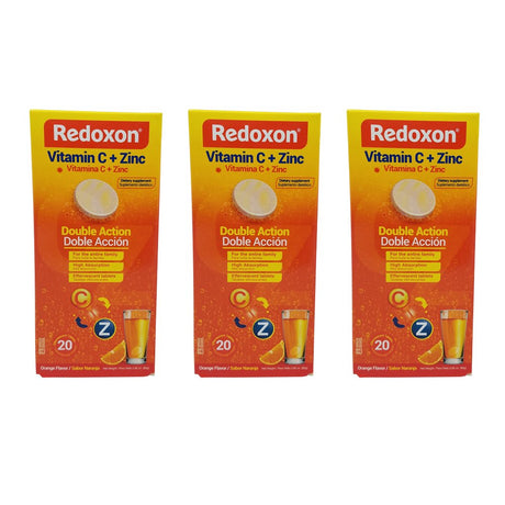 Redoxon Vitamin C with Zinc. Effervescent Dietary Supplement. Helps Your Immune System. Good against Colds and Flu. Orange Flavored. 20 Tablets. 2.82 Oz / 80 Gr. Pack of 3