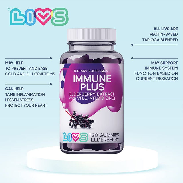 LIVS Immune plus Elderberry Gummies for Kids & Adults, 120 Count, Immune Support Supplement with Zinc and Vitamin C, Zinc Citrate and Sambucus