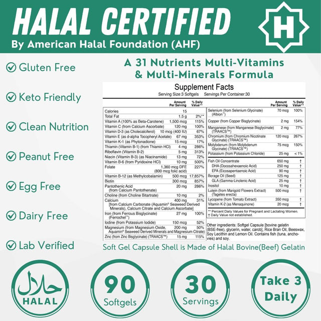 Halal Prenatal Vitamins with DHA and Folic Acid | 30 Servings: DHA 250Mg, Folic Acid 800Mg, EPA 90Mg, Lutein 500Mg, Borage Oil 125Mg, Iodine 50Mg, Calcium 400Mg | Halal Vitamins | SHIFAA NUTRITION